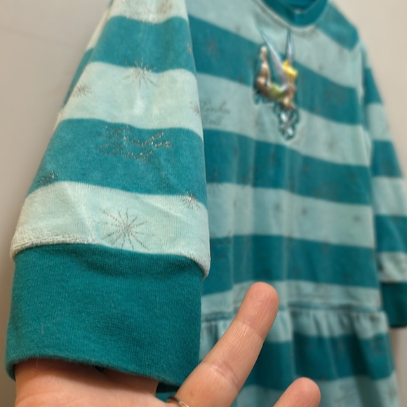 Tinkerbell dress in a cozy soft velour type fabric, long sleeve w/ blue stripes - Picture 4 of 7